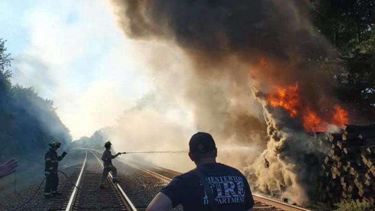 IN Firefighters Battle Massive Railroad Tie Blaze