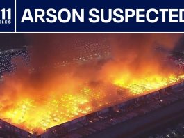 Massive warehouse blaze forces California crews to retreat amid heavy fire conditions